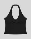 Contour Ruched Yoga Top in black with crossover halter neckline front view