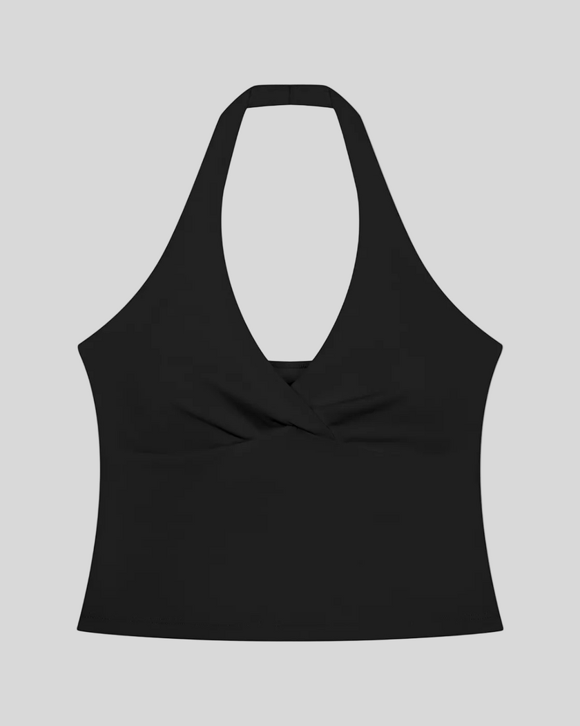 Contour Ruched Yoga Top in black with crossover halter neckline front view