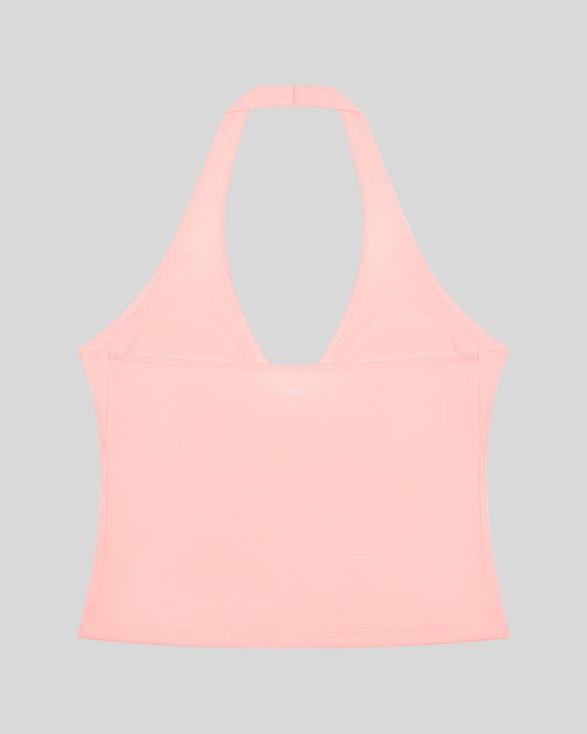 Contour Ruched Yoga Top in pink with halter neckline back view