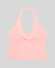 Contour Ruched Yoga Top in pink with crossover halter neckline front view
