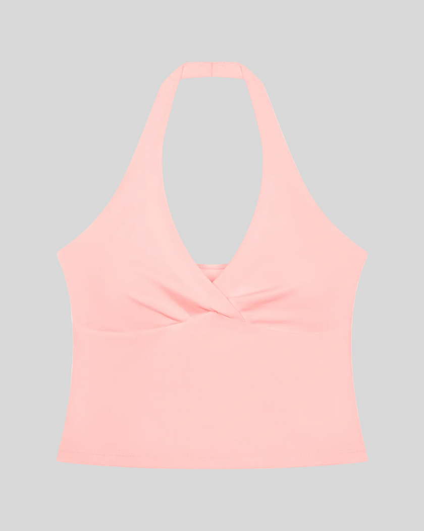 Contour Ruched Yoga Top in pink with crossover halter neckline front view
