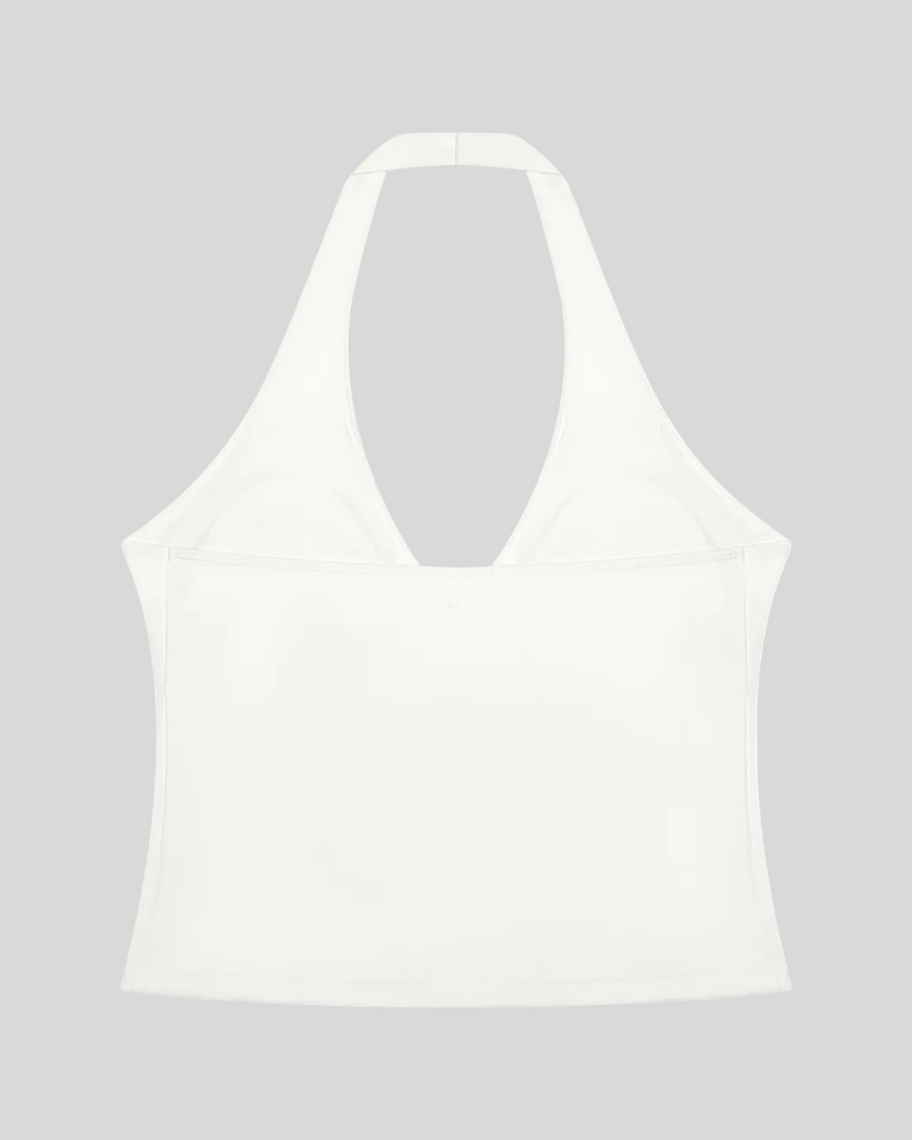 Contour Ruched Yoga Top in white with halter neckline back view