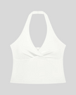 Contour Ruched Yoga Top in white with crossover halter neckline front view