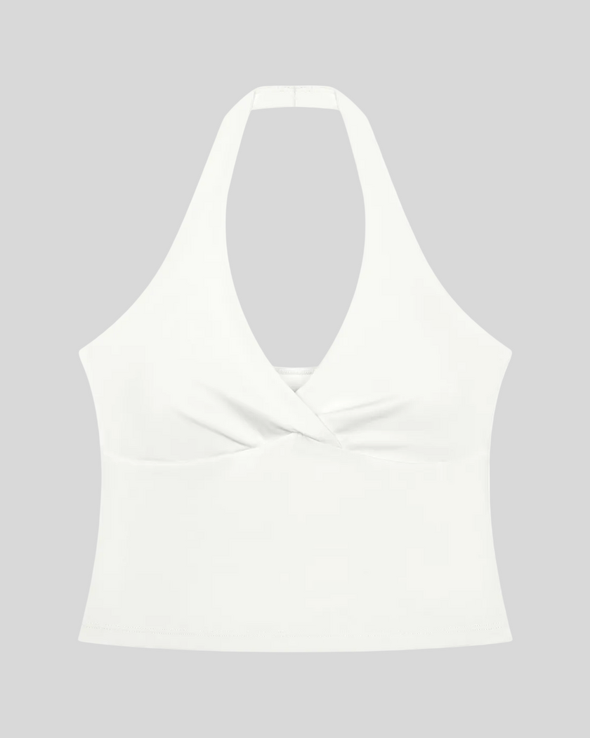 Contour Ruched Yoga Top in white with crossover halter neckline front view