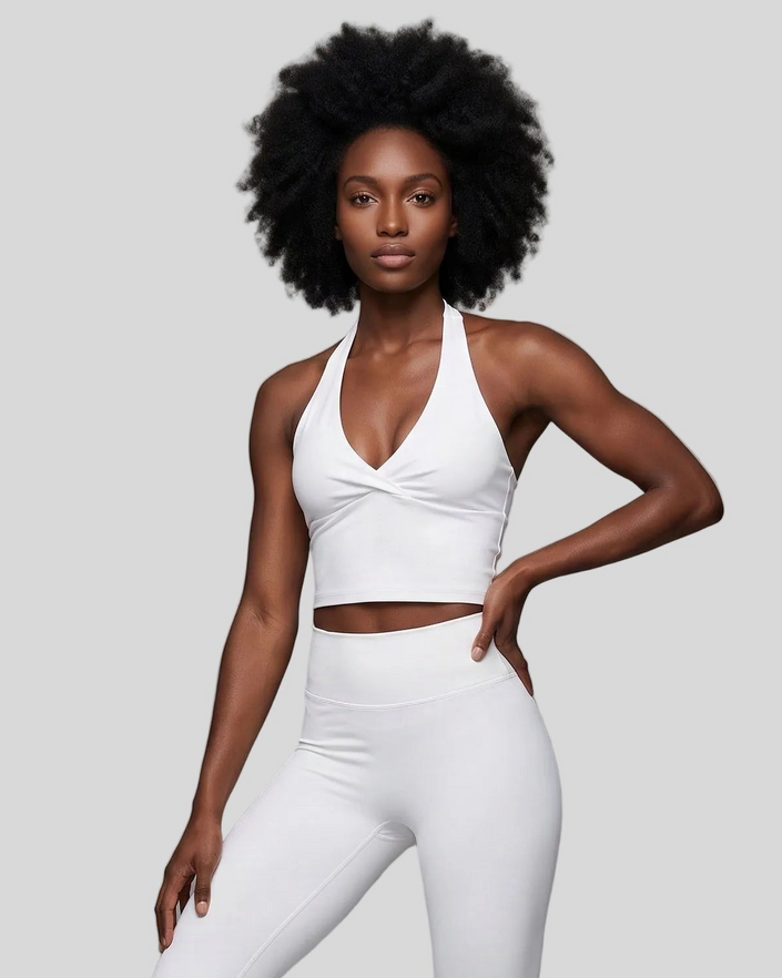 Mid body front view of woman wearing Contour Ruched Yoga Top in white