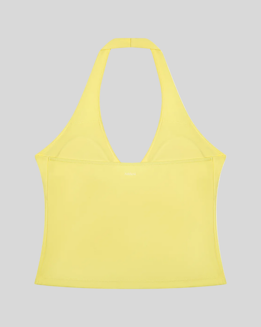 Contour Ruched Yoga Top in yellow with halter neckline back view