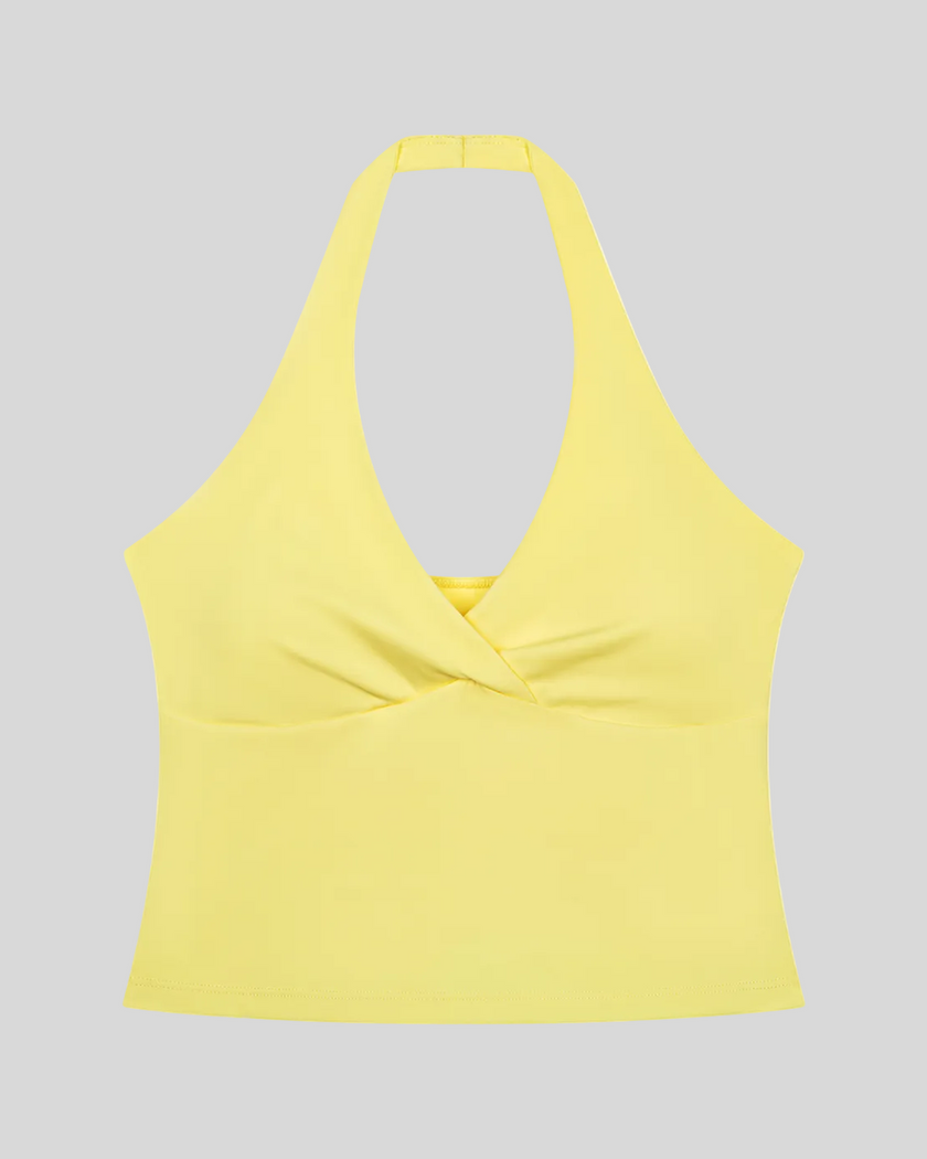 Contour Ruched Yoga Top in yellow with crossover halter neckline front view