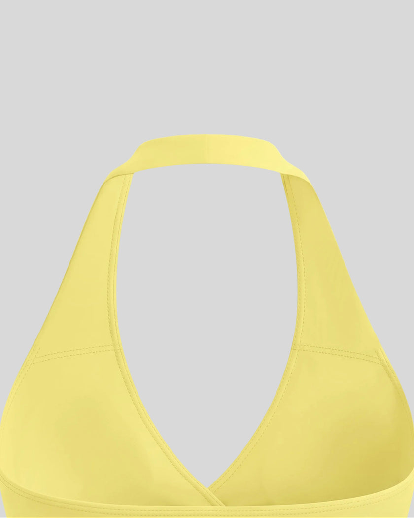Closeup of back halter neckline on Contour Ruched Yoga Top in yellow