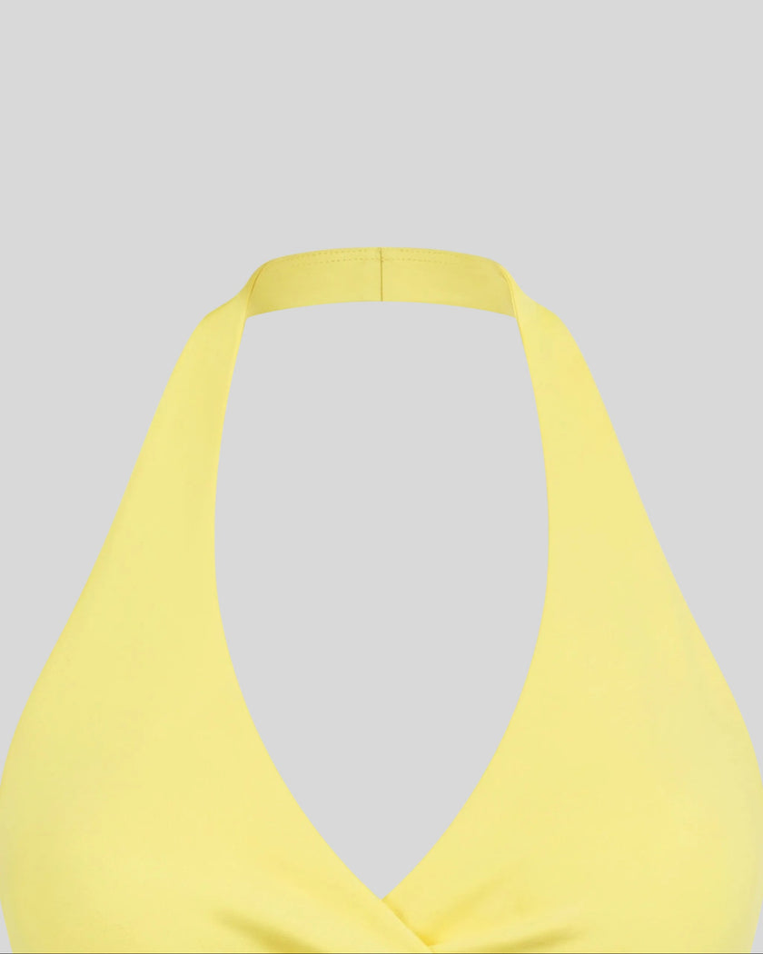 Closeup of halter neckline and crossover front on Contour Ruched Yoga Top