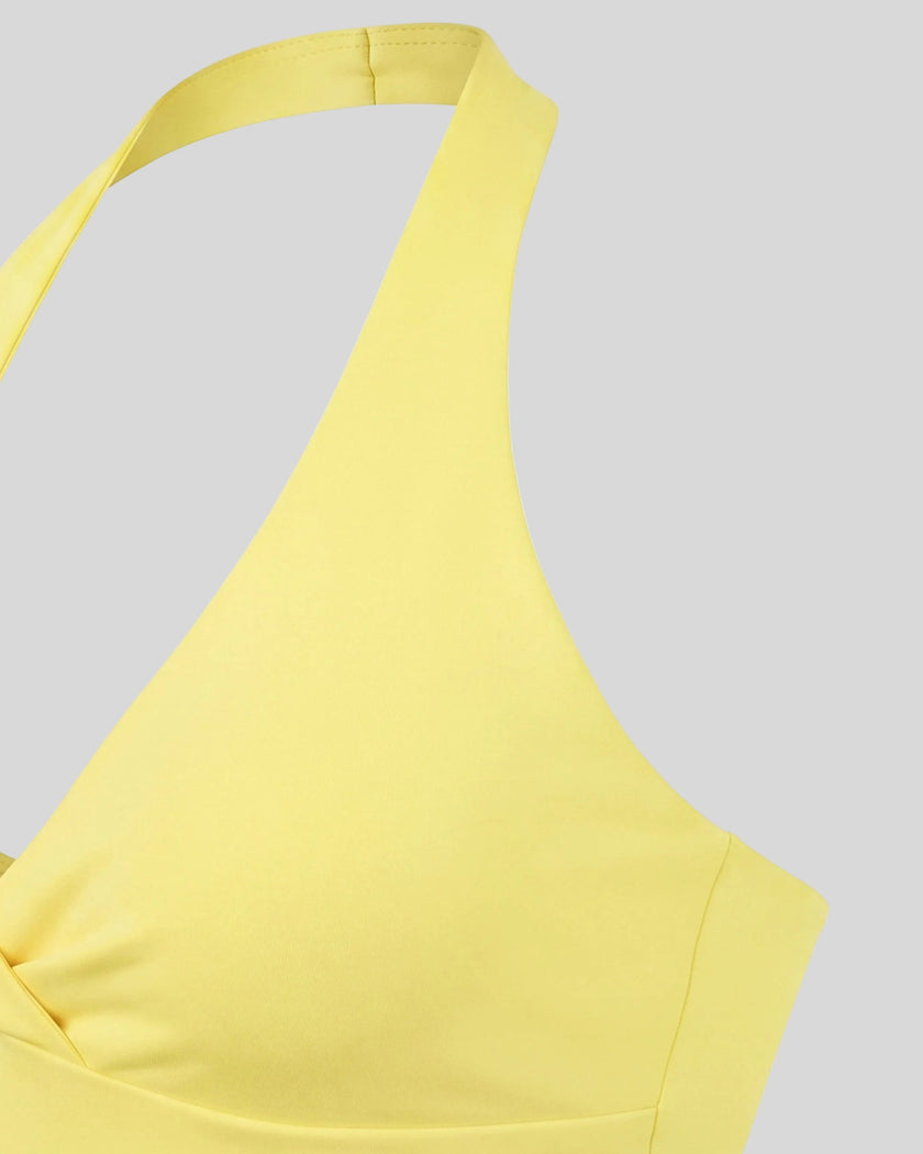Closeup of fitted side silhouette on Contour Ruched Yoga Top in yellow