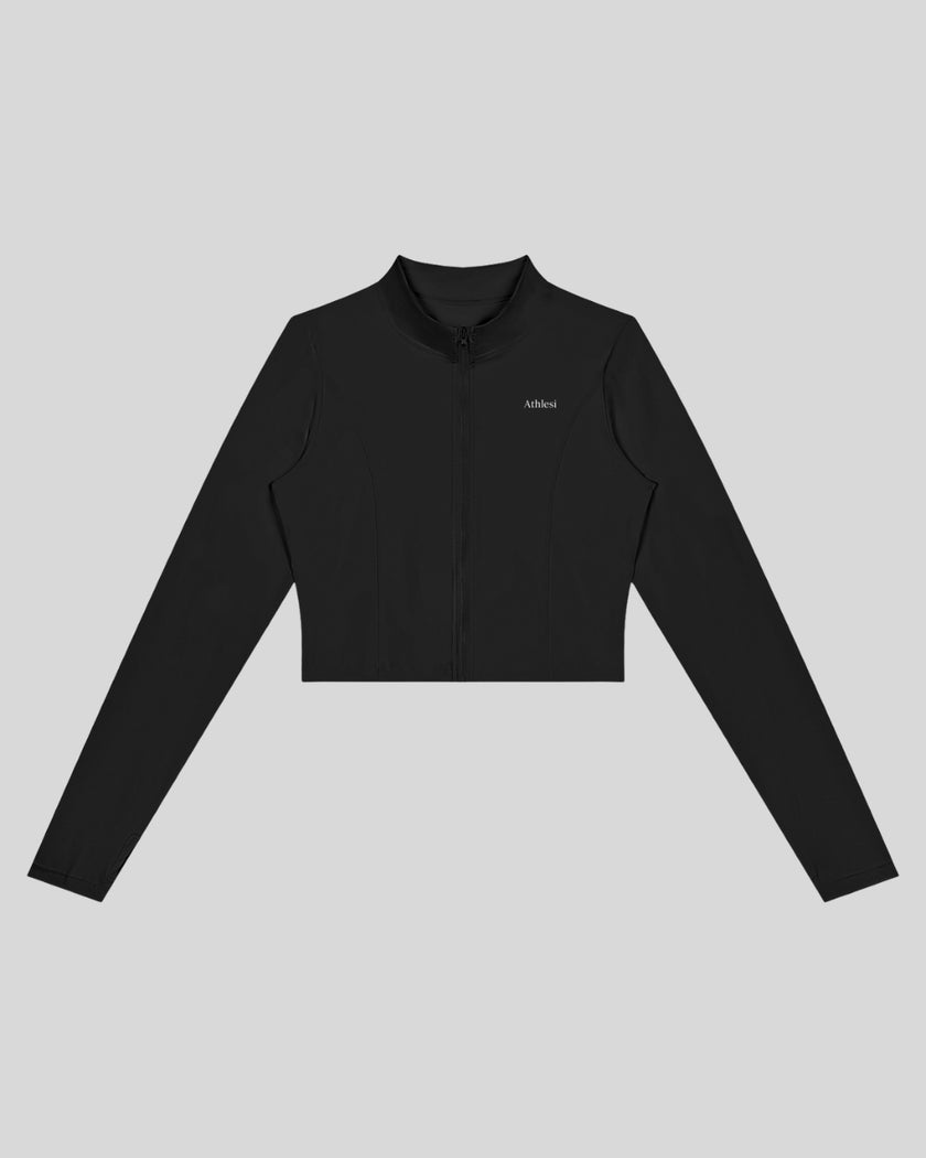 Contour Yoga Jacket in black with full-zip front and contour seams front view