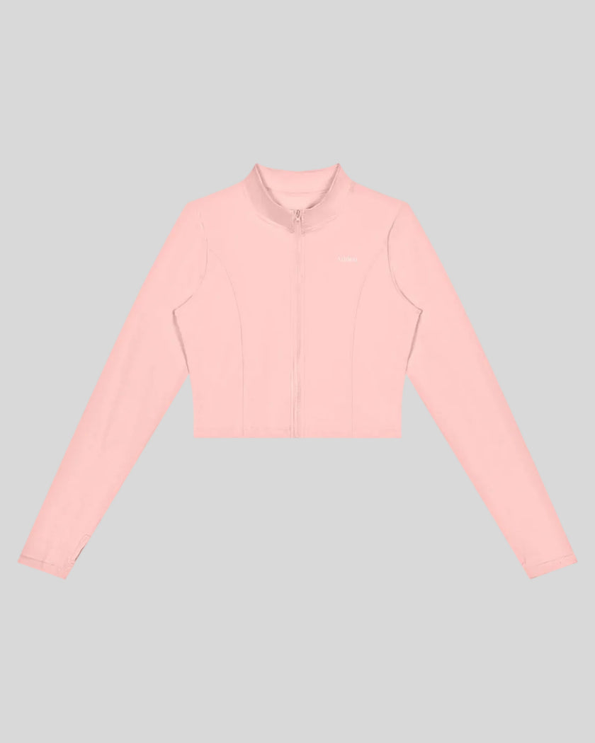 Contour Yoga Jacket in pink with full-zip front and contour seams front view
