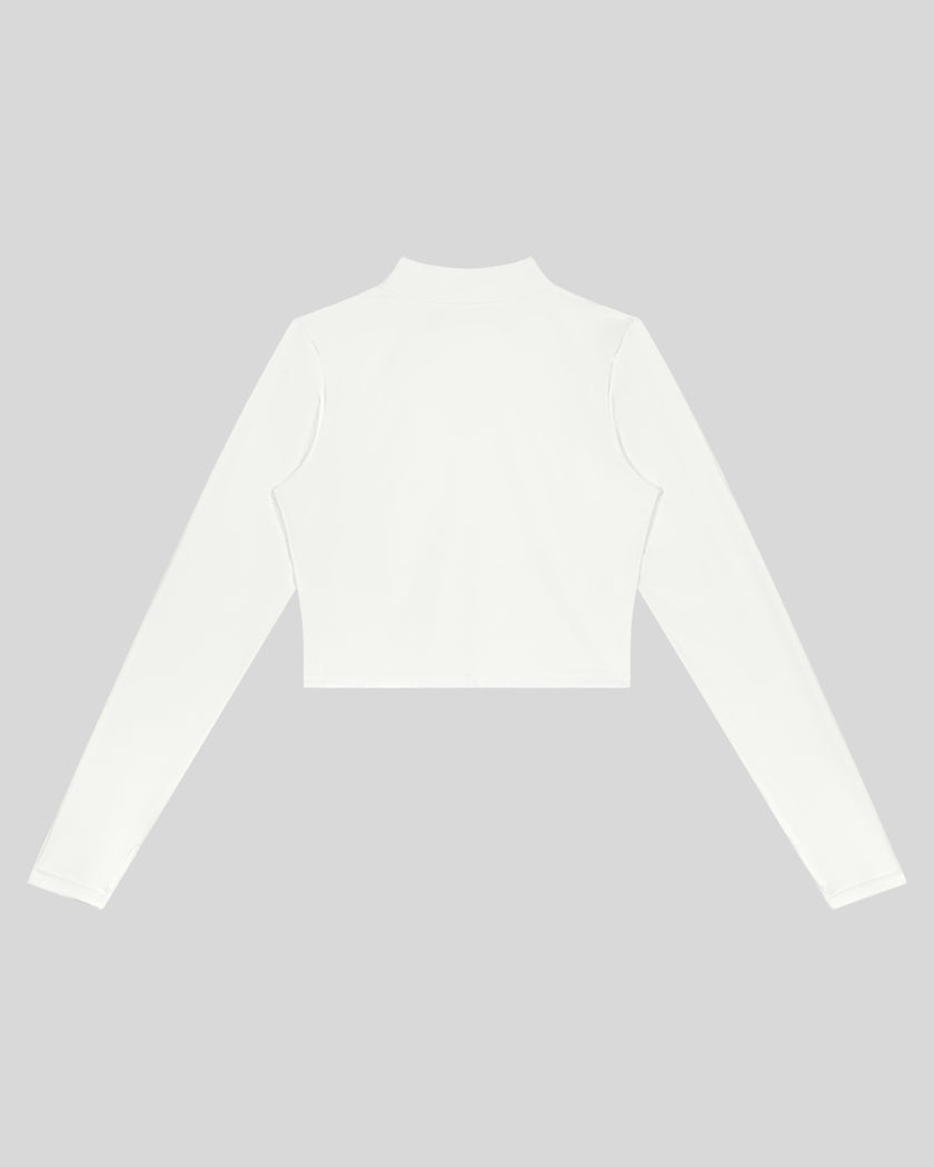 Contour Yoga Jacket in white with fitted cropped silhouette back view