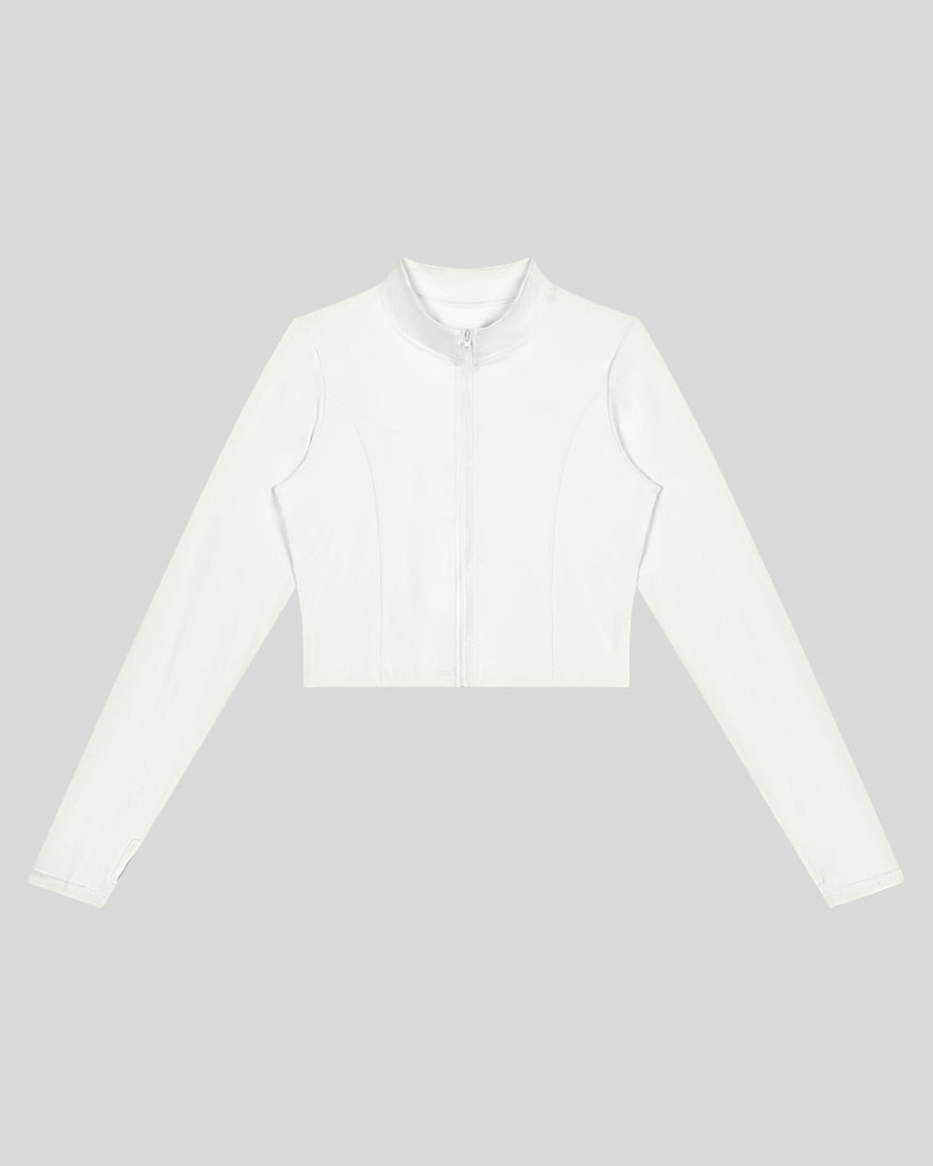 Contour Yoga Jacket in white with full-zip front and contour seams front view
