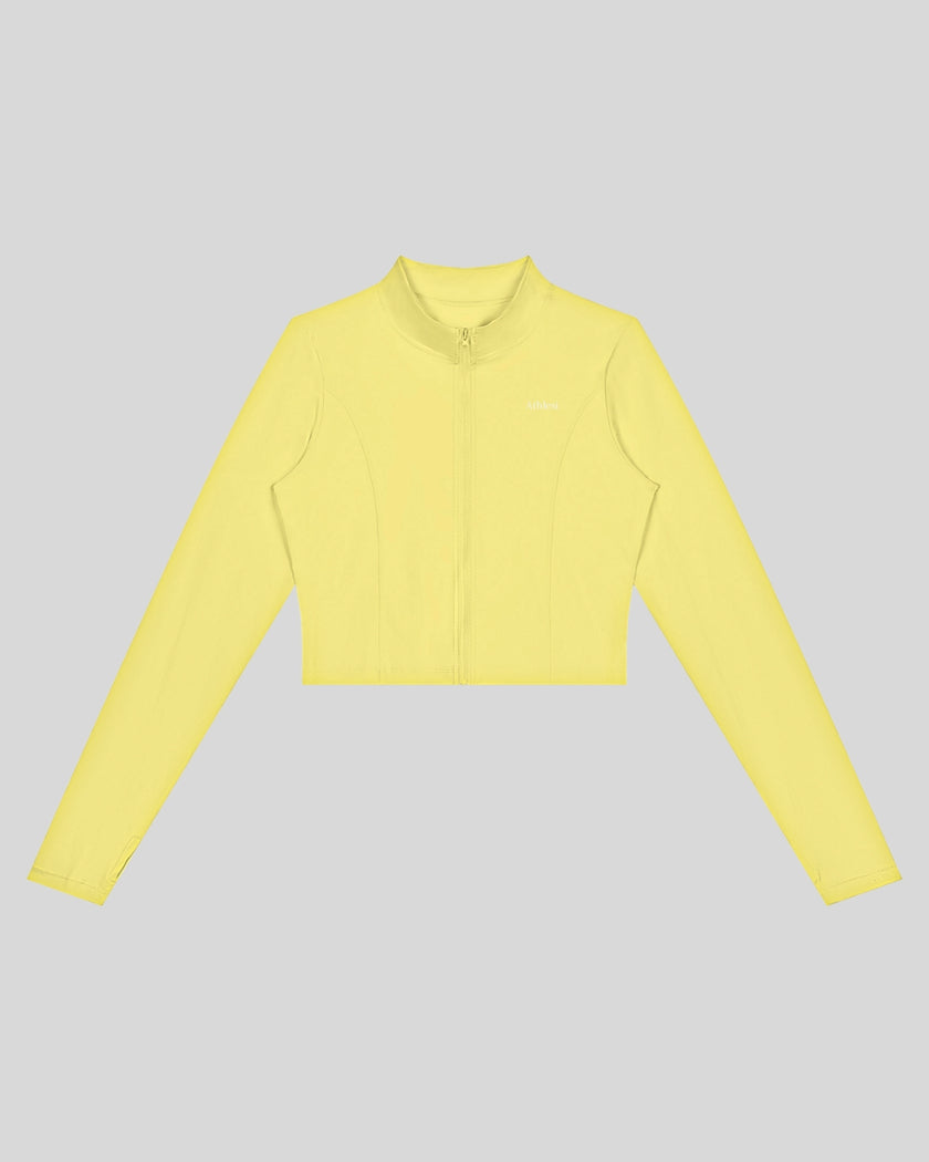 Contour Yoga Jacket in yellow with full-zip front and contour seams front view