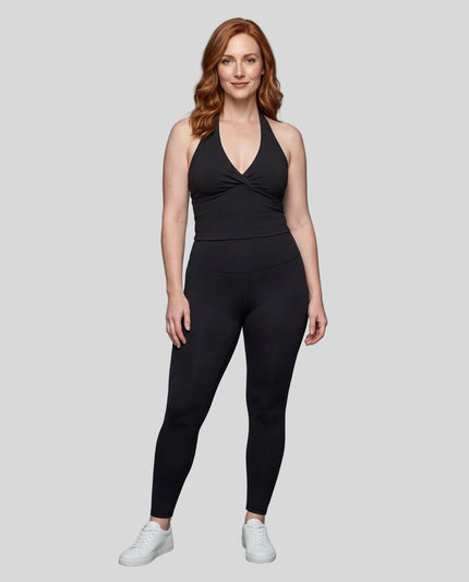 Full body front view of woman wearing Contour Yoga Leggings with matching Contour activewear in black