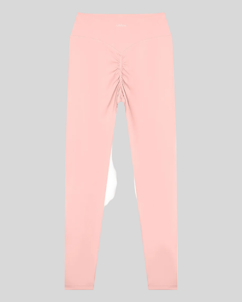 Contour Yoga Leggings in pink with ruched back detail back view