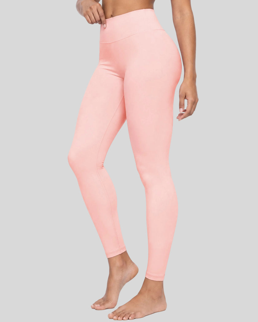 Angled front view showing the high-rise fit of Contour Yoga Leggings in pink