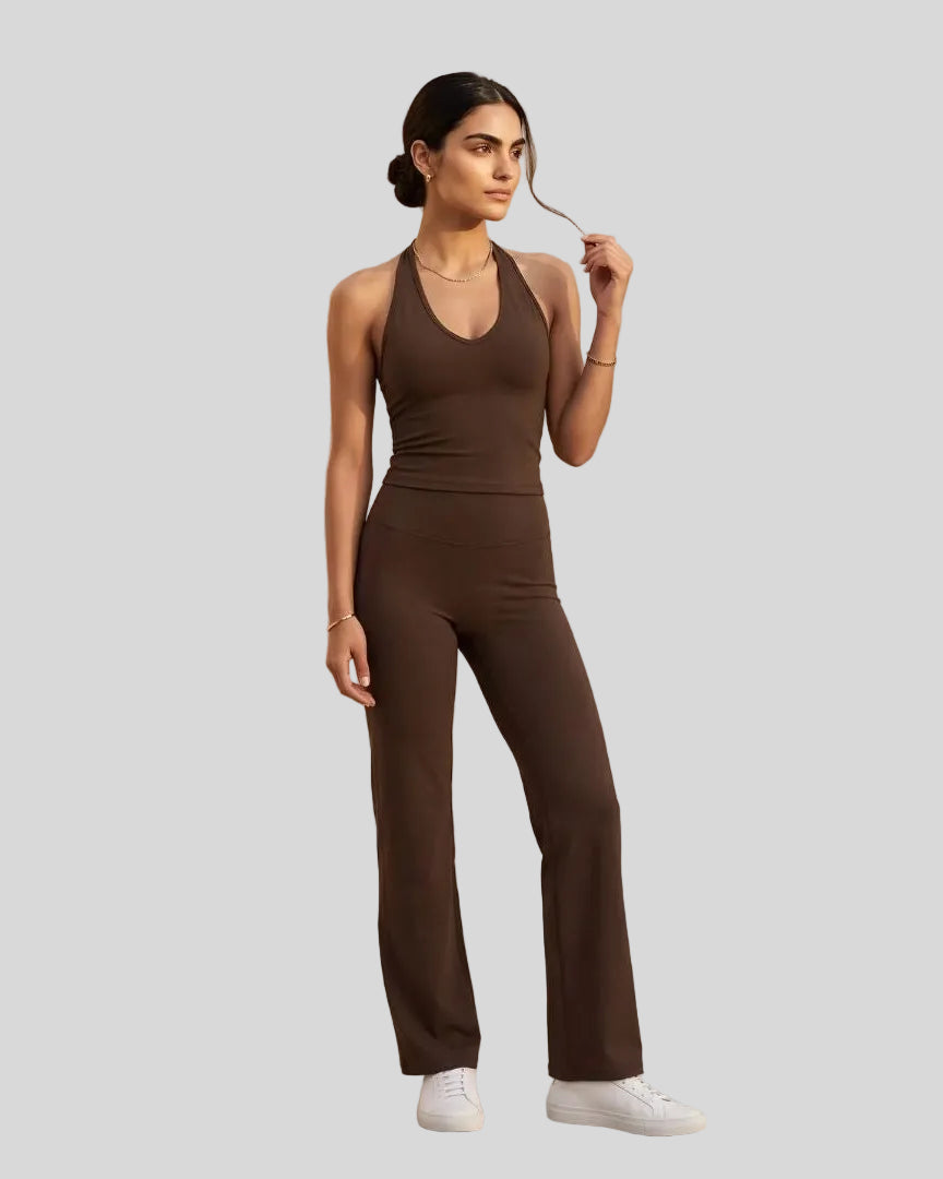 Model wearing the Contour Yoga Pants in Brown, front full body view