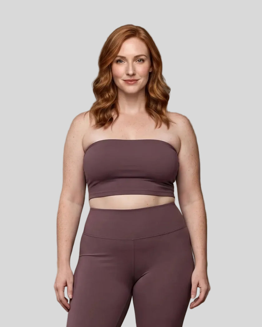 Model wearing the Contour Yoga Tube Top in Plum Purple, front view