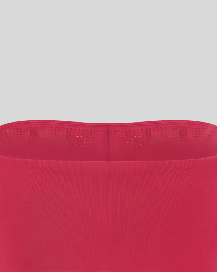 Close-up of the back neckline on the Contour Yoga Tube Top in Rose Red