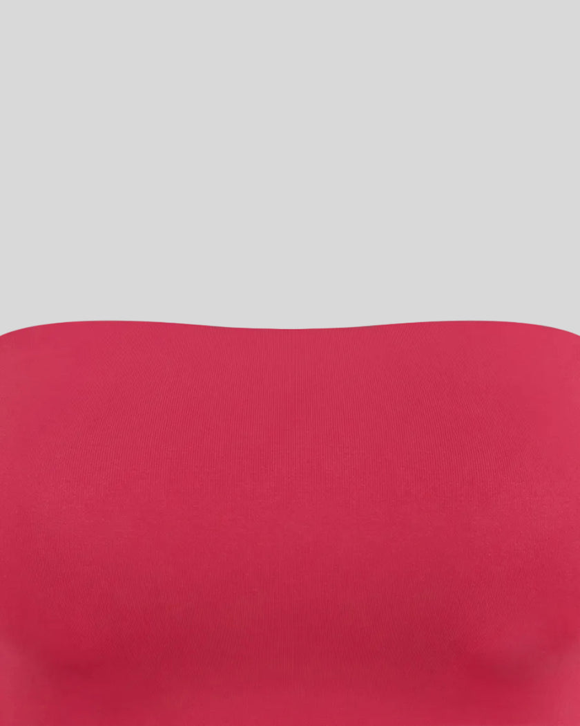 Close-up of the strapless neckline on the Contour Yoga Tube Top in Rose Red