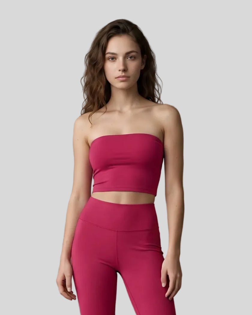 Model wearing the Contour Yoga Tube Top in Rose Red, front view