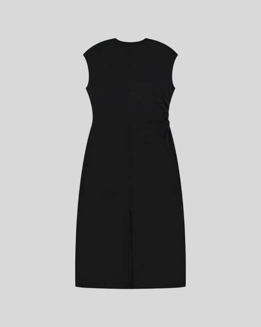 ContourEase Ruched Maxi Dress in Black, flat lay back view showing streamlined maxi silhouette