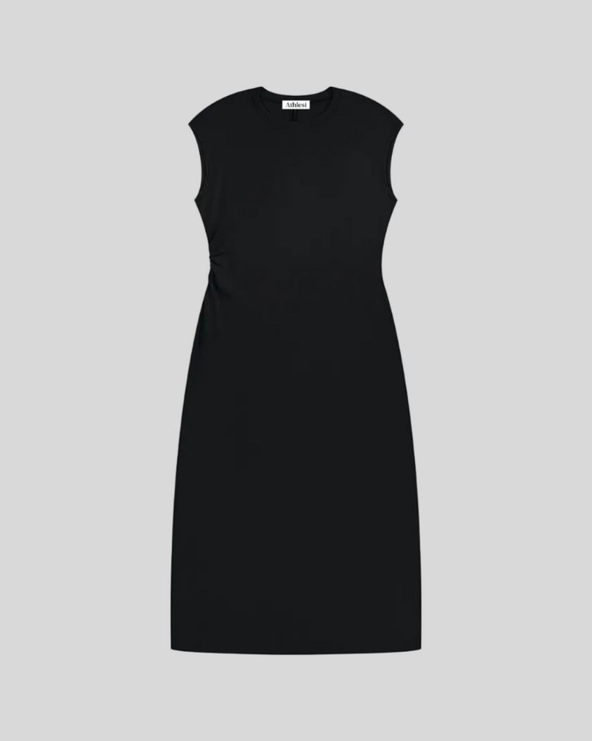 ContourEase Ruched Maxi Dress in Black, flat lay front view showing slim silhouette and side ruching