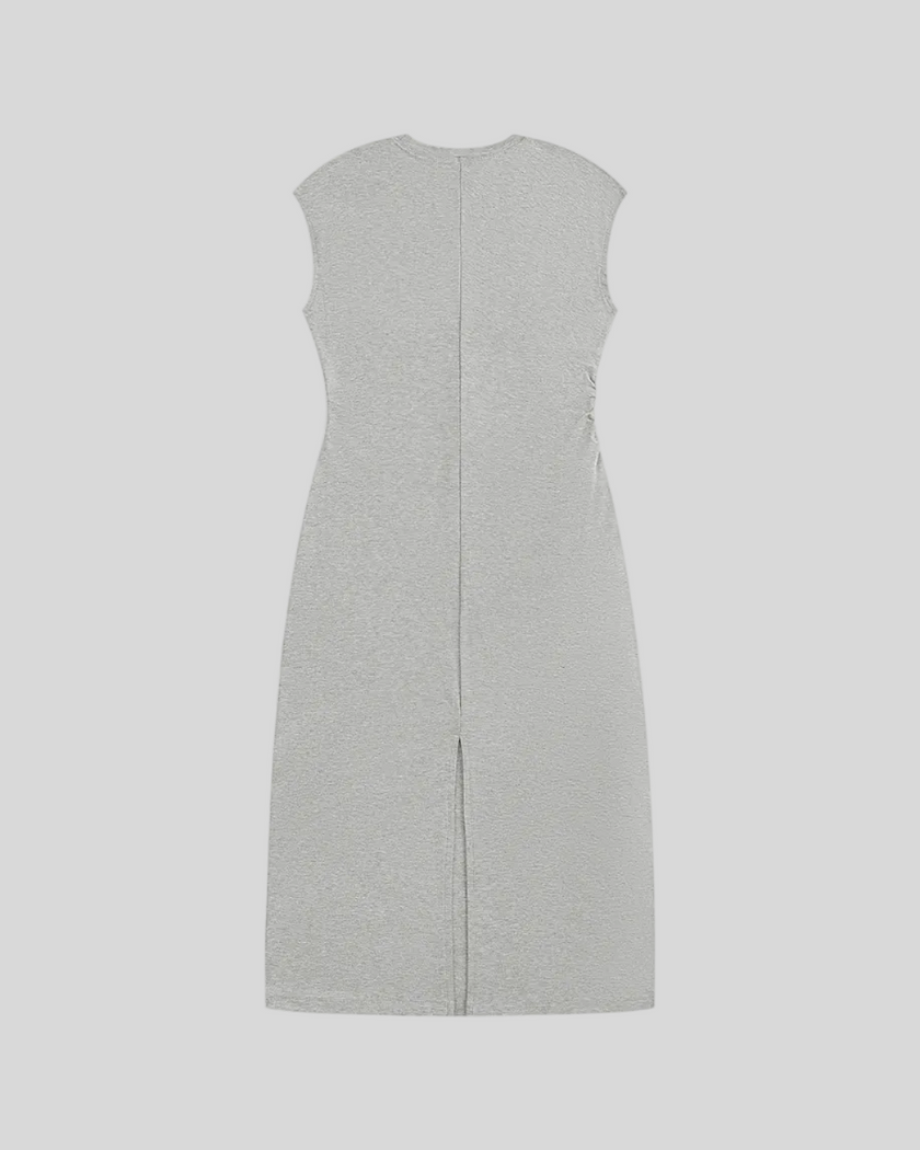 ContourEase Ruched Maxi Dress in Flower Gray, flat lay back view showing streamlined maxi silhouette