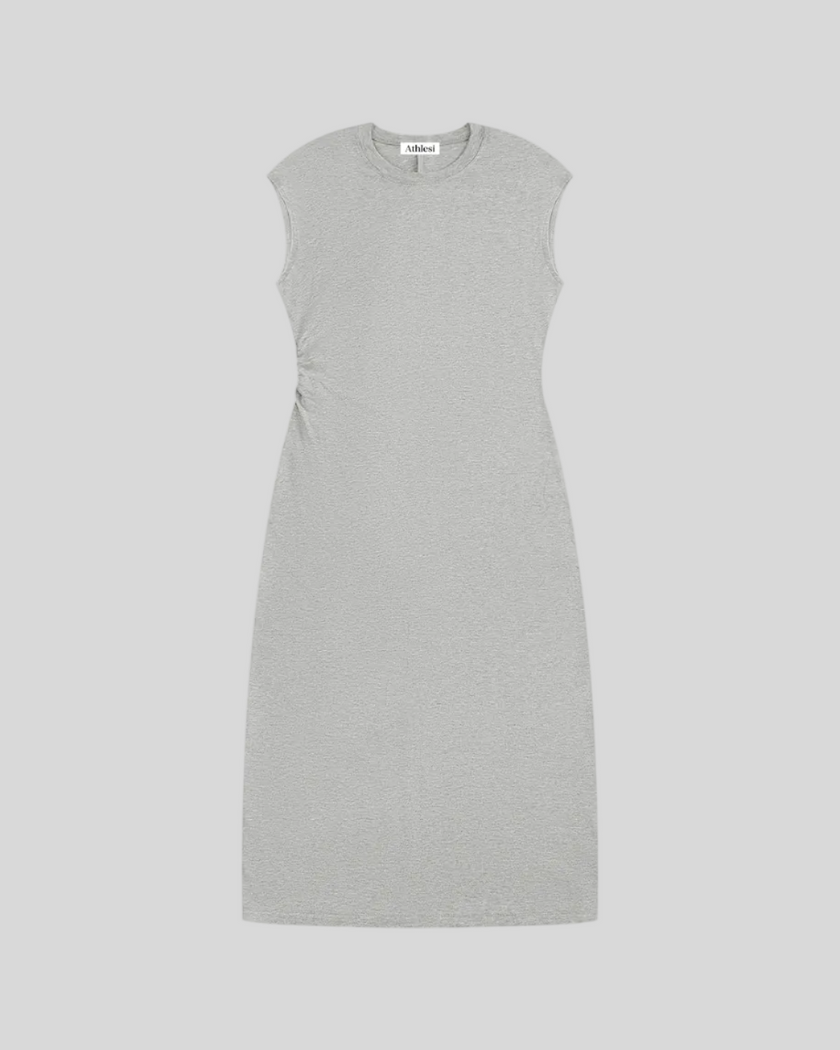 ContourEase Ruched Maxi Dress in Flower Gray, flat lay front view showing slim silhouette and side ruching