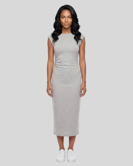 Woman wearing the ContourEase Ruched Maxi Dress in Flower Gray, front view showing slim fit and side ruching