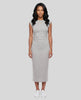 Woman wearing the ContourEase Ruched Maxi Dress in Flower Gray, front view showing slim fit and side ruching