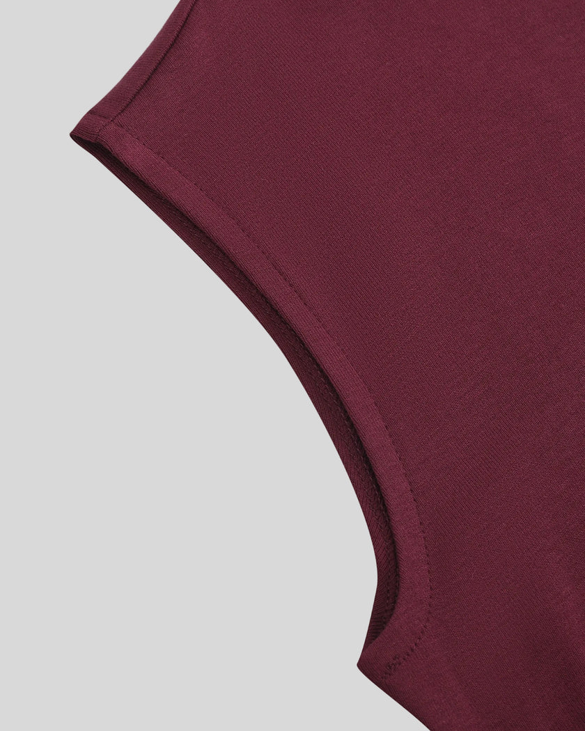 ContourEase Ruched Maxi Dress in Wine Red, closeup of sleeveless armhole and ruched side detailing