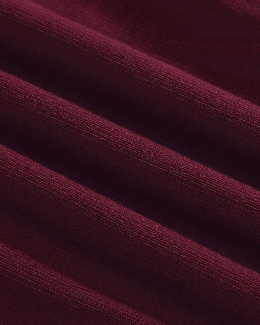 ContourEase Ruched Maxi Dress in Wine Red, closeup of soft stretch rayon-blend knit fabric