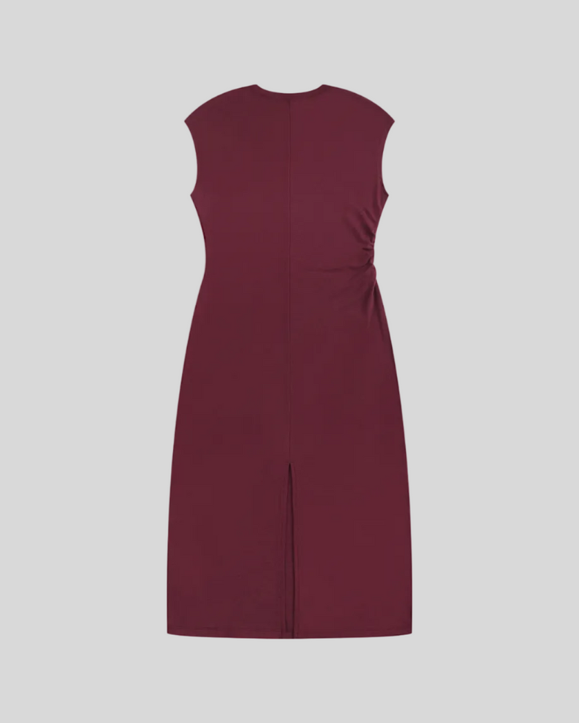ContourEase Ruched Maxi Dress in Wine Red, flat lay back view showing streamlined maxi silhouette