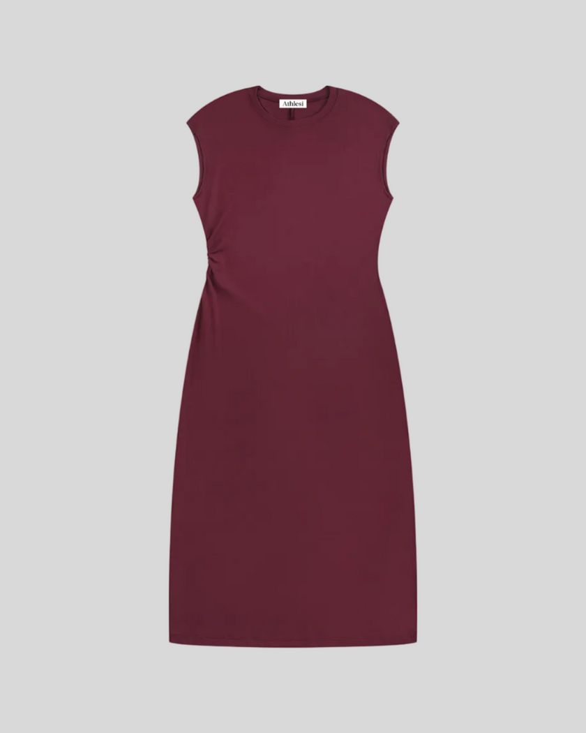 ContourEase Ruched Maxi Dress in Wine Red, flat lay front view showing slim silhouette and side ruching