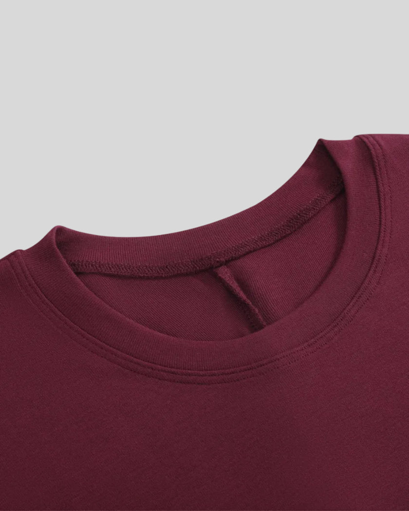 ContourEase Ruched Maxi Dress in Wine Red, closeup of front crew neckline and sleeveless design