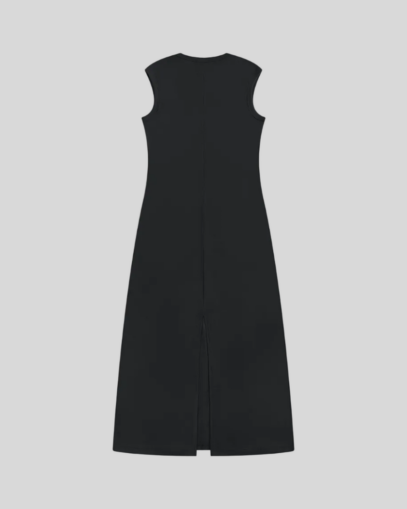 ContourEase Sleeveless Maxi Dress in Black, flat lay back view with streamlined silhouette and back slit