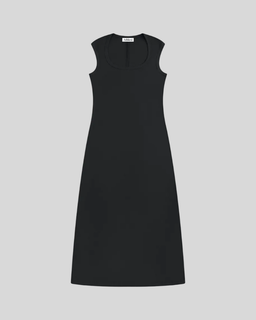 ContourEase Sleeveless Maxi Dress in Black, flat lay front view with U-neckline and slim silhouette