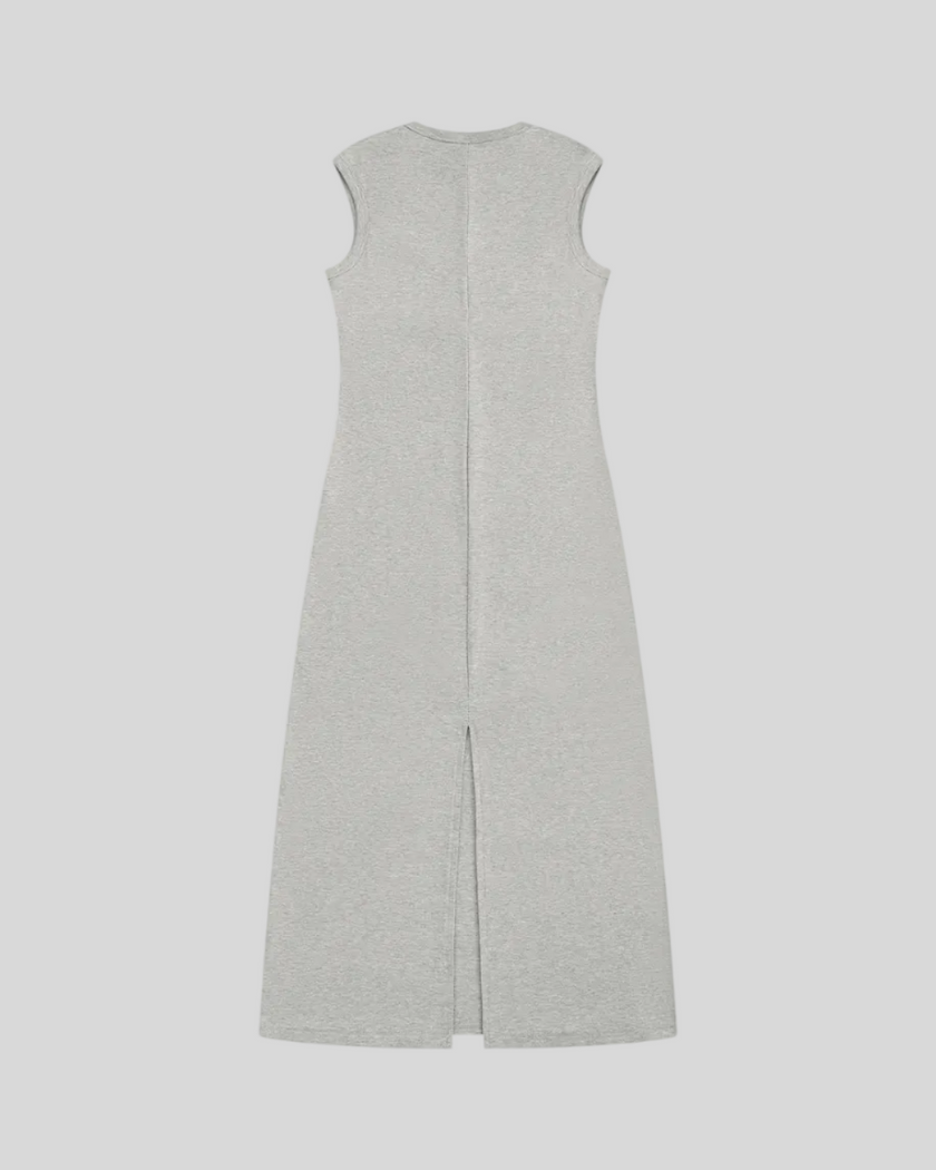 ContourEase Sleeveless Maxi Dress in Flower Gray, flat lay back view with streamlined silhouette and back slit