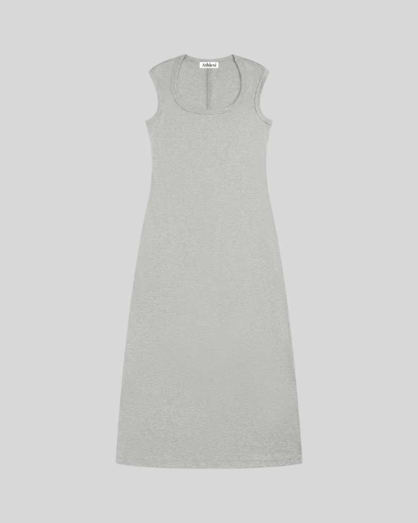 ContourEase Sleeveless Maxi Dress in Flower Gray, flat lay front view with U-neckline and slim silhouette