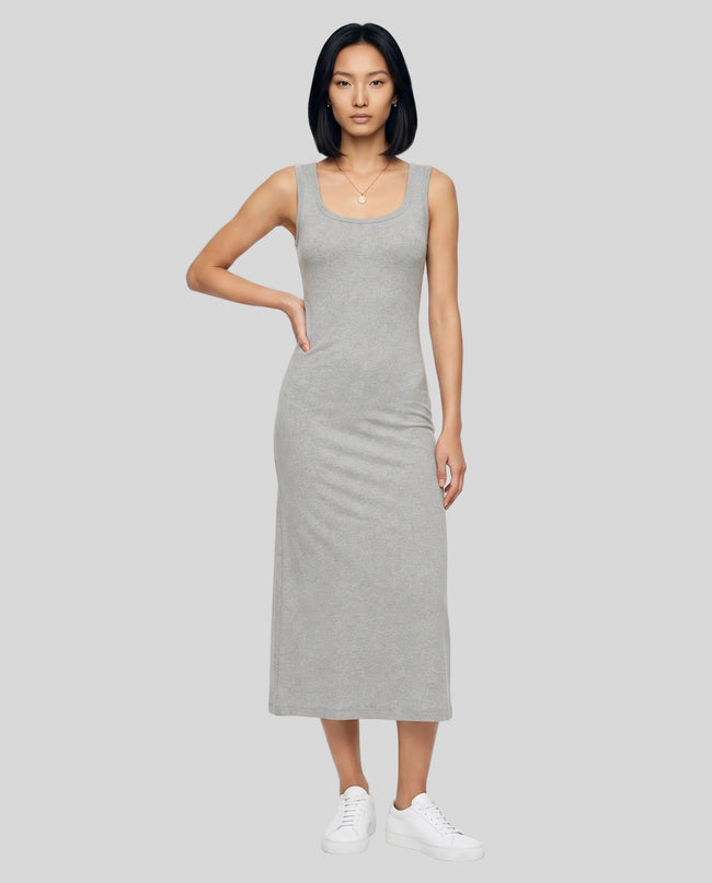Woman wearing the ContourEase Sleeveless Maxi Dress in Flower Gray, front view showing slim body-skimming silhouette