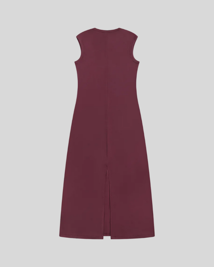 ContourEase Sleeveless Maxi Dress in Wine Red, flat lay back view with streamlined silhouette and back slit