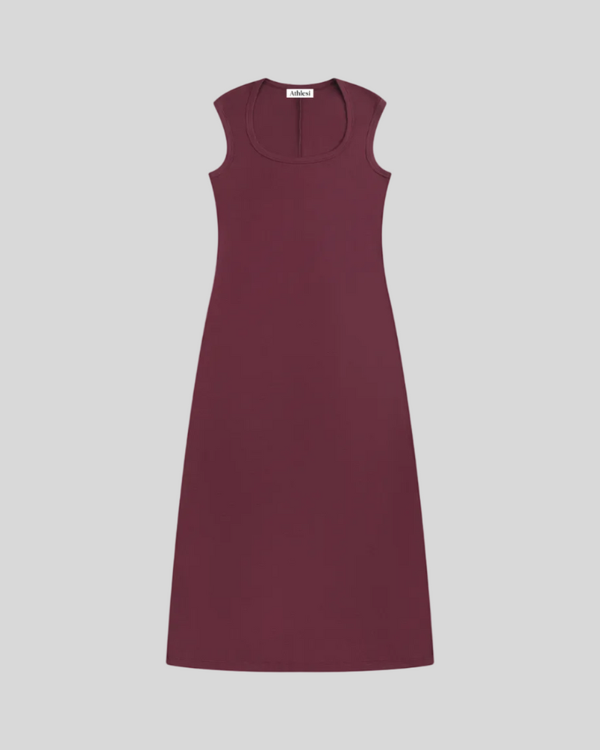 ContourEase Sleeveless Maxi Dress in Wine Red, flat lay front view with U-neckline and slim silhouette