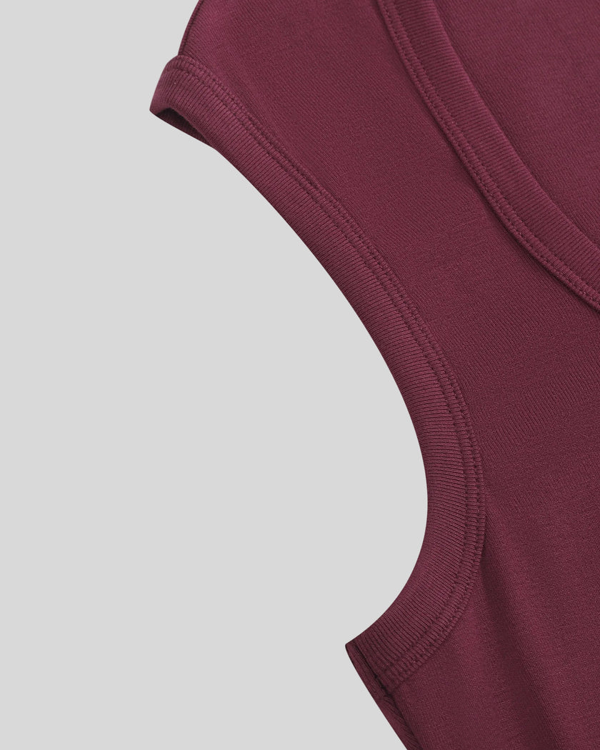ContourEase Sleeveless Maxi Dress in Wine Red, closeup of sleeveless armhole construction and fabric finish