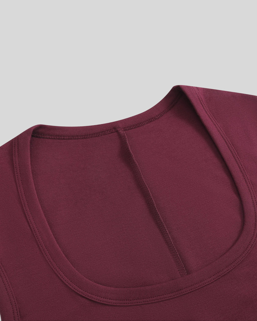 ContourEase Sleeveless Maxi Dress in Wine Red, closeup of front U-neckline and sleeveless design