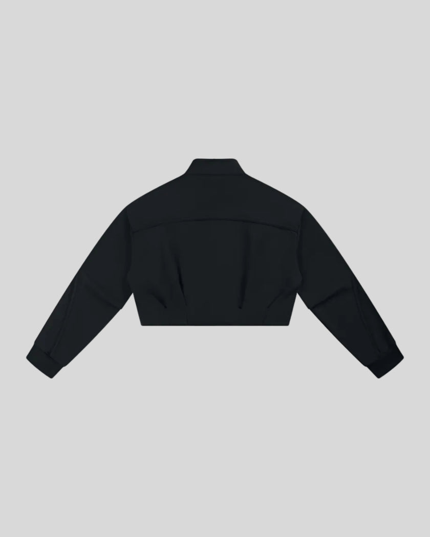 ContourEase Stand Collar Jacket in Black back view with relaxed boxy silhouette