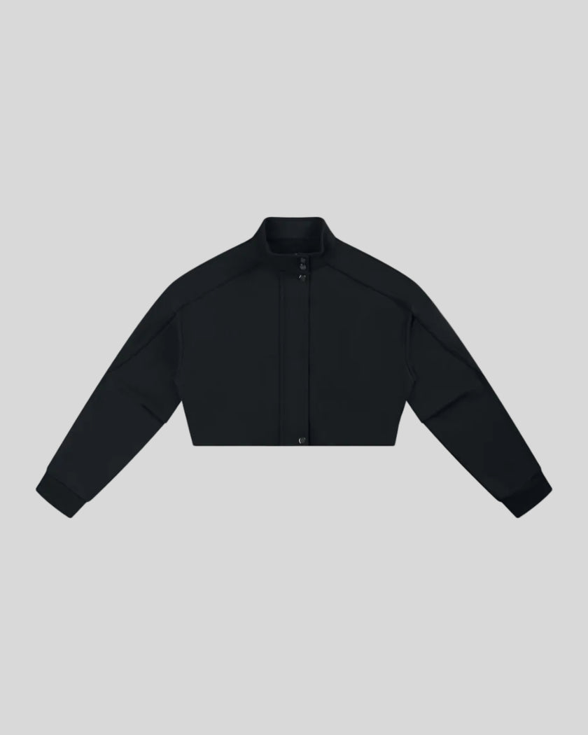 ContourEase Stand Collar Jacket in Black front view with snap collar and concealed closure