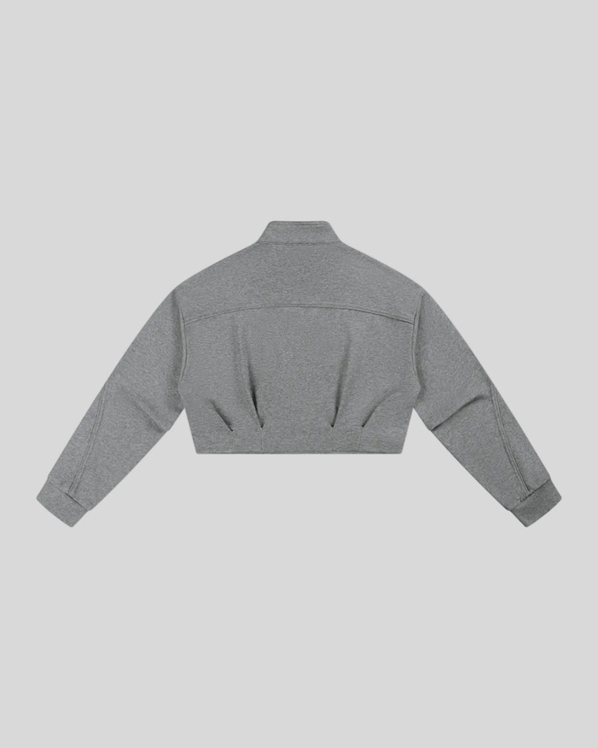 ContourEase Stand Collar Jacket in Flower Gray back view with relaxed boxy silhouette